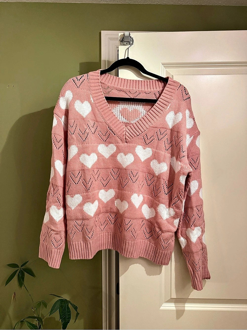 Pink White Heart Print Pointelle V-Neck Sweater XL